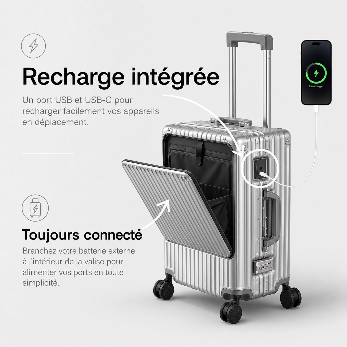 Valise Cabine 20” – Ouverture Frontale, Port USB, Porte-Gobelet, Serrure TSA & Roues 360°