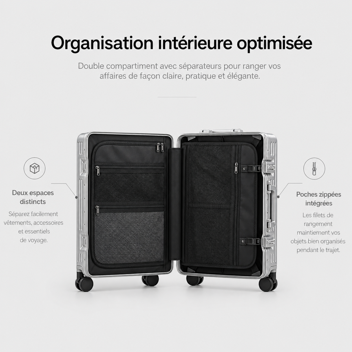 Valise Cabine 20” – Ouverture Frontale, Port USB, Porte-Gobelet, Serrure TSA & Roues 360°