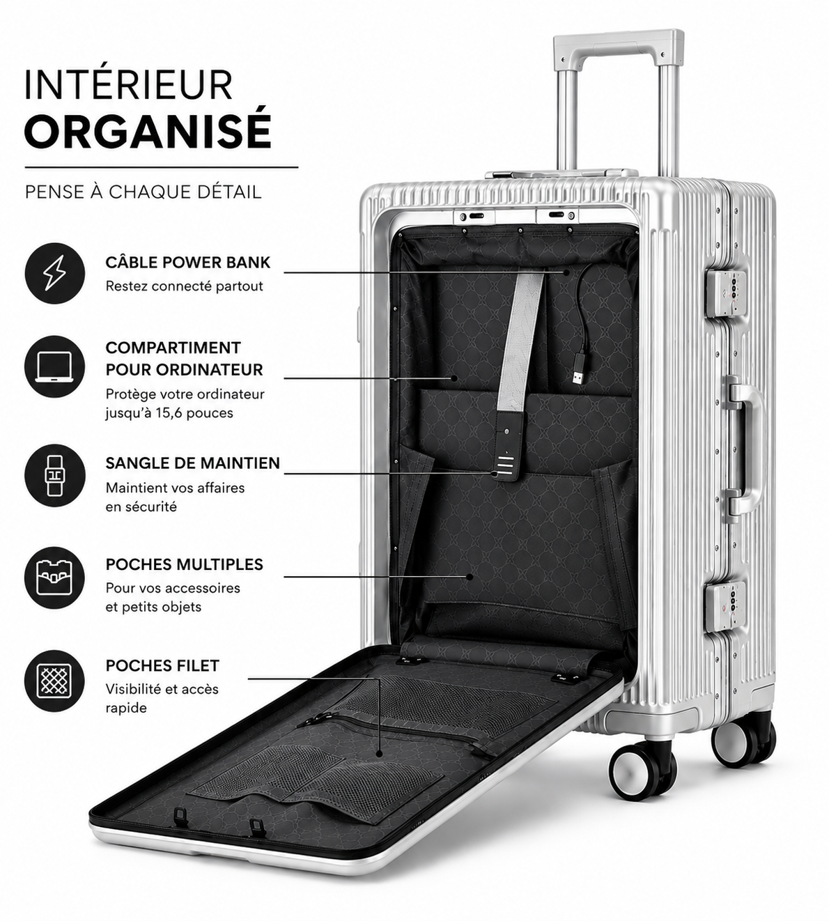Valise Cabine – Grande Capacité, Ouverture Frontale, Serrure à Combinaison & Roues 360°