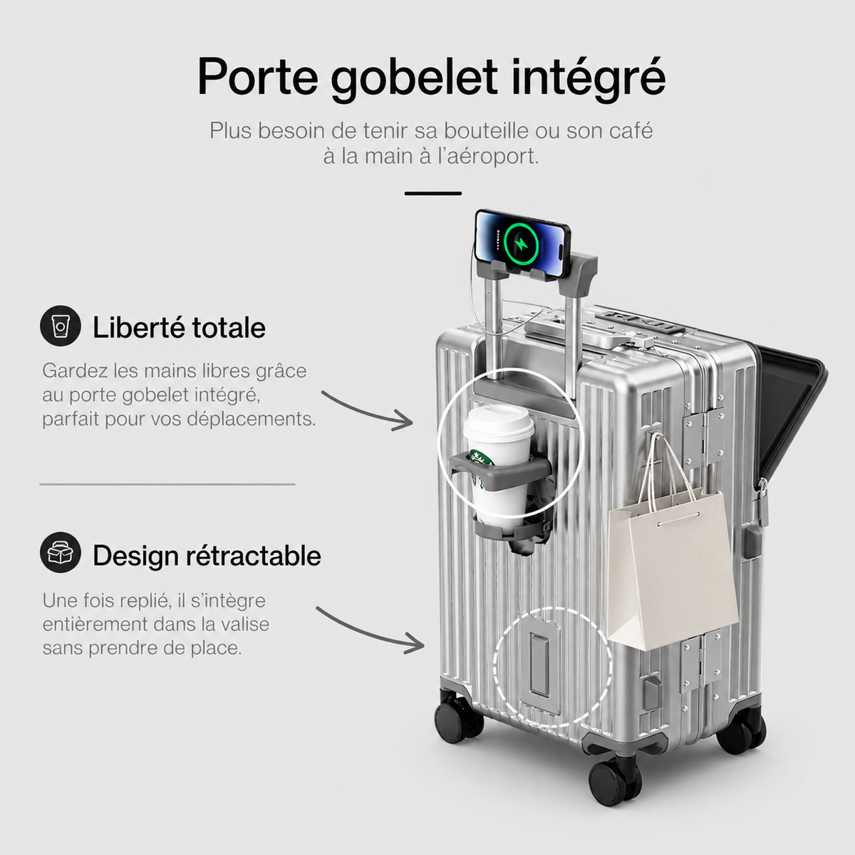 Valise Cabine 20” – Ouverture Frontale, Port USB, Porte-Gobelet, Serrure TSA & Roues 360°
