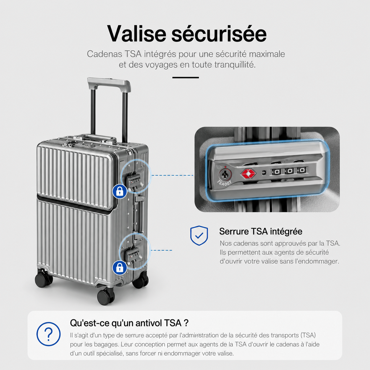 Valise Cabine 20” – Ouverture Frontale, Port USB, Porte-Gobelet, Serrure TSA & Roues 360°