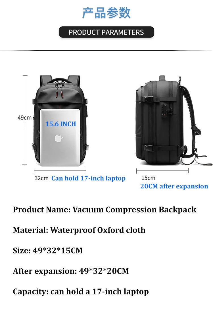 Sac à Dos Voyage Cabine – Compression Sous Vide & PC 17” – vue produit 4